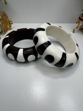 ZARA Black- Brown & White Resin Bangle Bracelet Set Modern Bold Statement Style